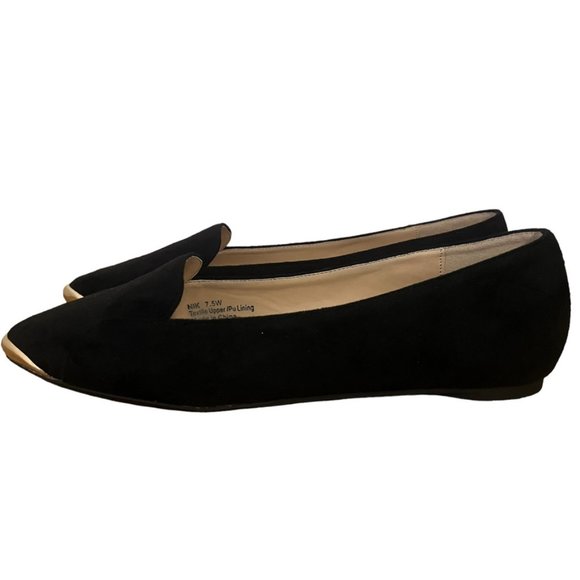 Penny Loves Kenny Nik Black Faux Suede Flats Gold Tipped Toe Sz 7.5 Wide - Picture 5 of 11